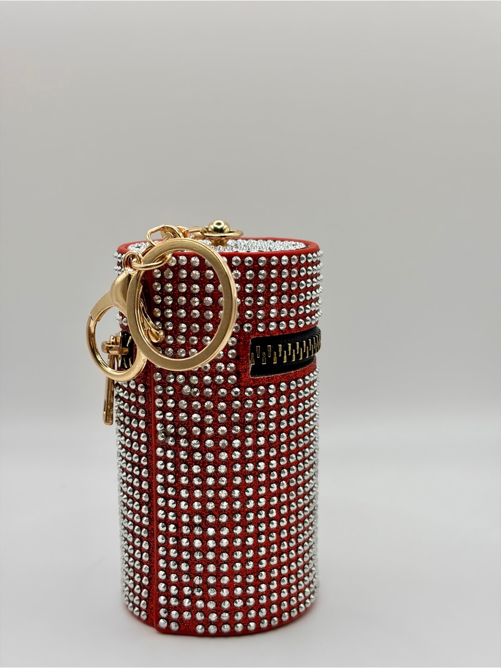 Red Rhinestone Studded Keychain Cylinder Pouch - Picture 3 of 6
